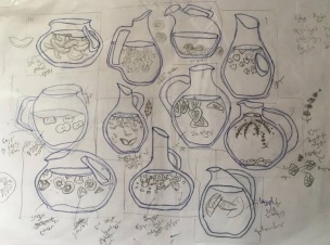 lemon, peach, cucumber, strawberry, raspberry, apple, mint, ice cube, lavender, kiwi drink in glass pitcher sketch