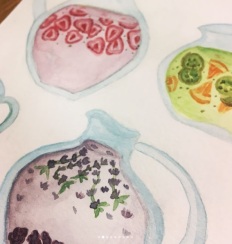 watercolor illustration blackberry, strawberry, kiwi, orange drink in glass pitcher
