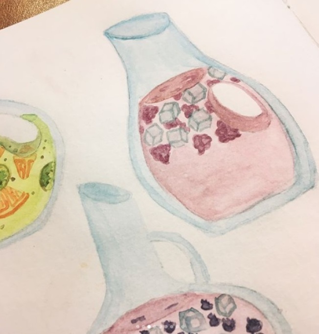 watercolor illustration raspberry, blueberry drink in glass pitcher