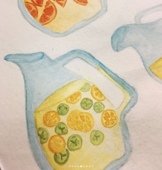 watercolor illustration orange, lemon, cucumber drink in glass pitcher