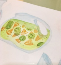 watercolor illustration kiwi orange drink in glass pitcher